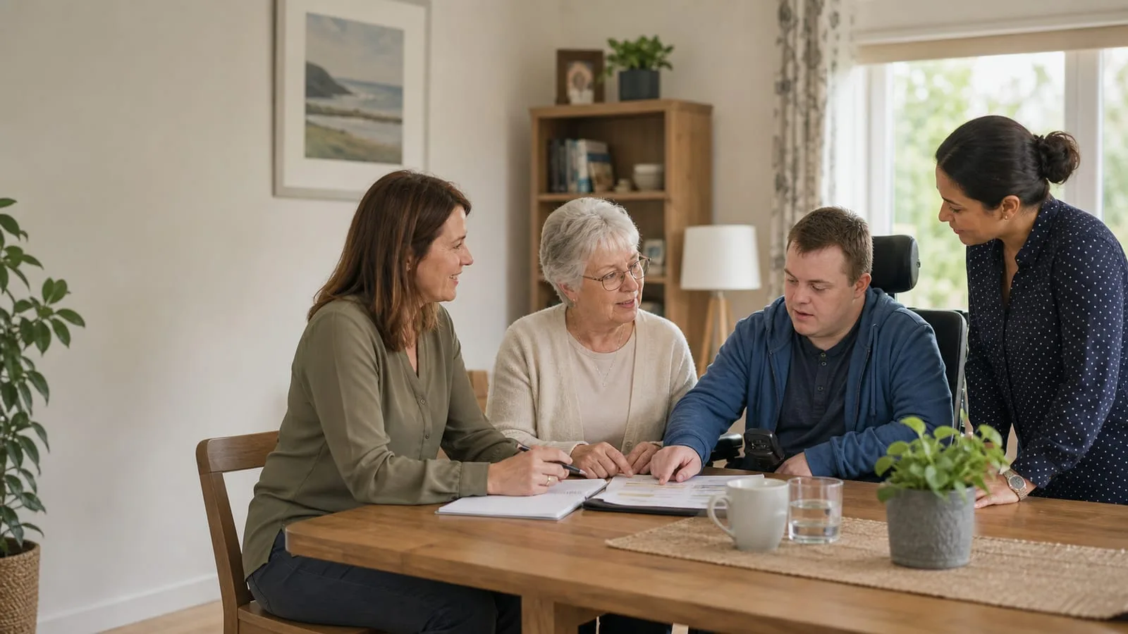 Service users, family and support workers reviewing a care plan together