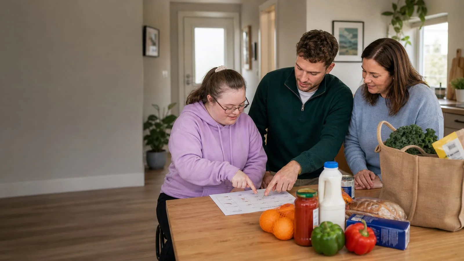 Support worker helping a younger adult plan groceries and weekly routines