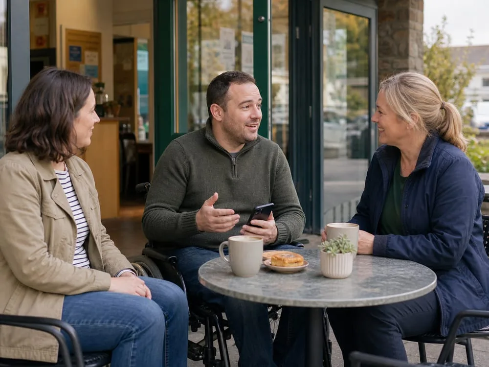 Wheelchair user, friend and support worker meeting at a local cafe