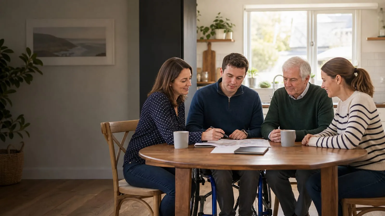 Service user, family member and support worker reviewing a home support plan