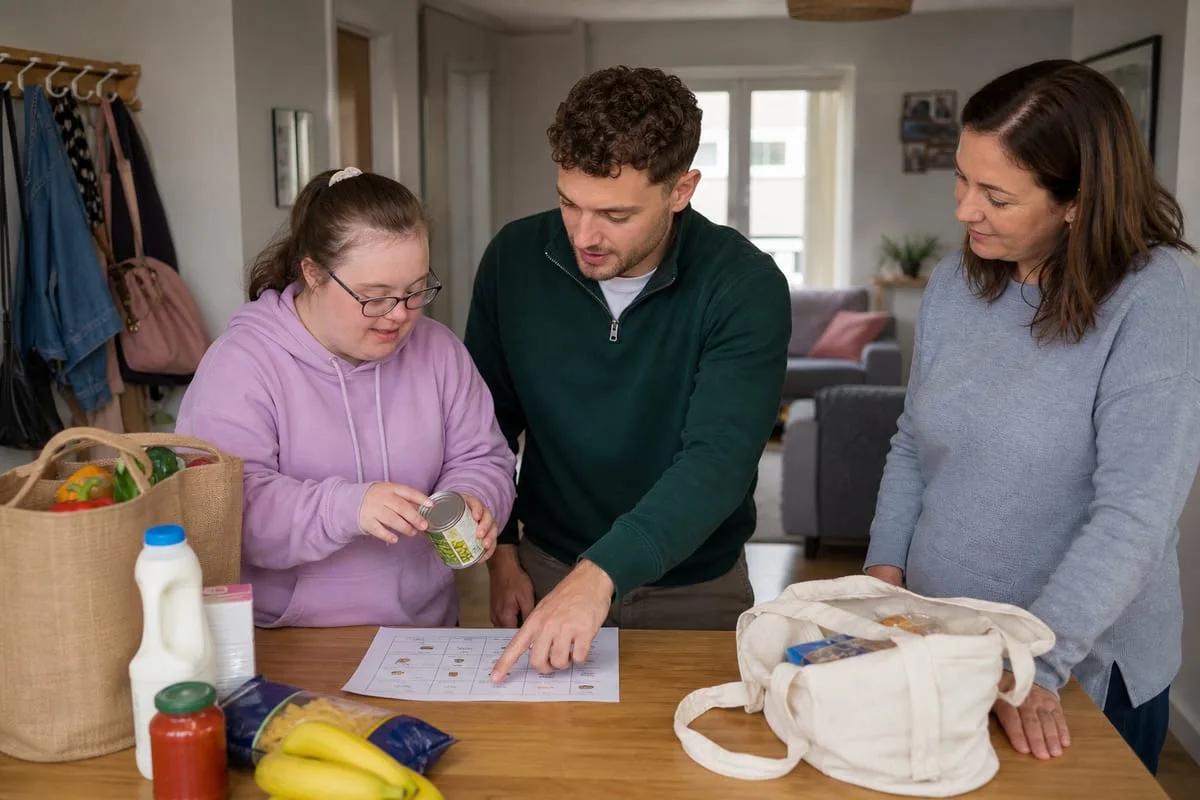 Support worker helping a younger adult plan groceries and weekly routines