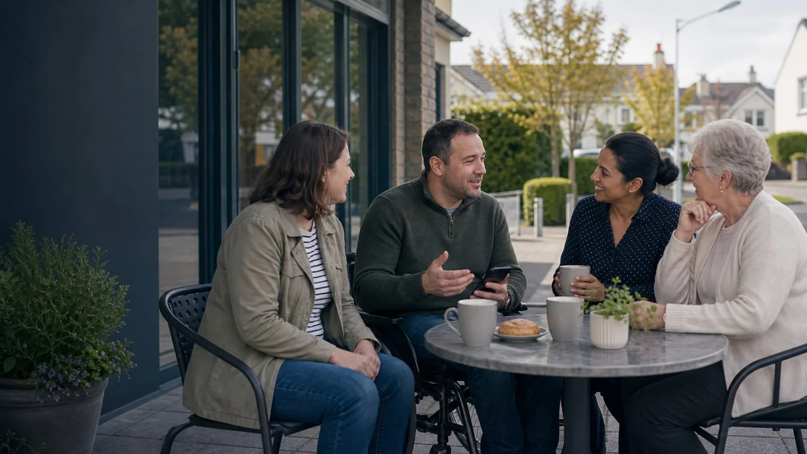 Wheelchair user, older adult, friend and support worker meeting outside a local cafe